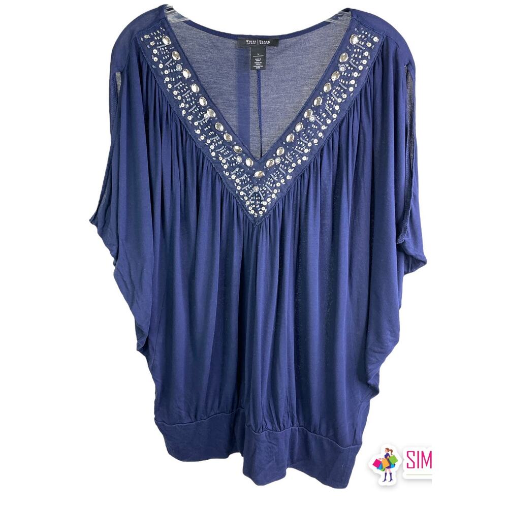 White House Black Market Womens Blouse Embellished V-Neck Dolman Sleeve Beaded L
